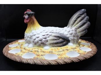 Hand Painted Rooster Divided Serving Platter / Deviled Egg Platter With Lid