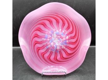 Vintage Pink Glass Bowl Bermuda Glass Blowing Studio Label Swirl Wave Shell Art Glass Candy Dish