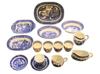 Vintage Blue Willow Pottery, Burslem England Set Of 10 Pieces