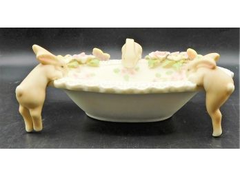 Rare Vintage Porcelain 3 Bunny Bowl With Applied Flowers