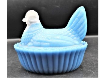 Rare LG Wright Blue Milk Glass White Head Chicken Hen On Nest Covered Dish With Lid