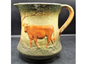 Rare Early Roseville Art Pottery Stoneware - Brown Grazing Walking Cow Pitcher - Pre-1916
