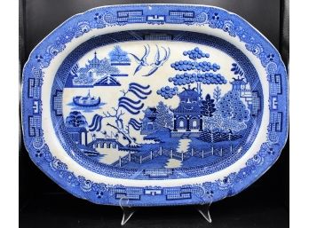 Antique 19th.c Staffordshire Transferware Blue Willow Platter W Pearlware Glaze
