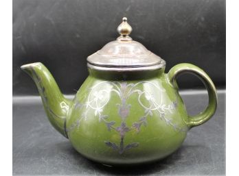 Hall Pottery Coffee Pot With Silver Plate Floral Decor And Lid