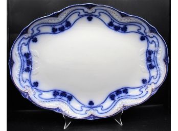 Unique Flow Blue Porcelain Serving Platter W/ Gold Etched Rim