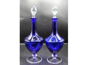 Elegant Pair Of Cobalt Blue Decanters With Crystal Stoppers