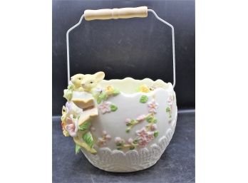 Vintage Hand Painted Floral / Bunny Porcelain Basket