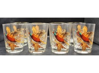 Vintage Bar Glasses, Pheasants Game Birds Large Lowball Tumblers, Set Of Double Old Fashioneds - Set Of 8