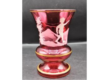 Mary Gregory Bohemian Hand Enameled Cranberry Glass Vase - Late 20th Century