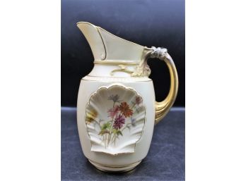 Rare Royal Worcester Pitcher With Shell Panels Of Flowers