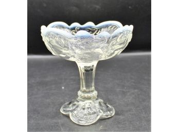 Vintage Glass Pedestal Candy Dish With Fenton Blue Rim