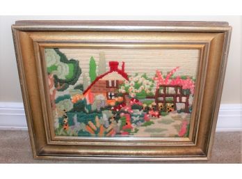 Vintage Long Stitch Needlepoint Picture Framed - Cottage Garden Scene