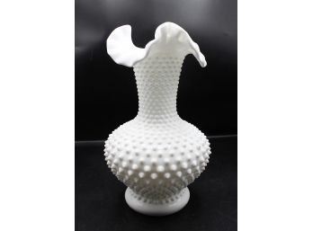 Fenton White Milk Glass Ruffle Hobnail Vase