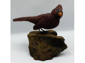 Cardinal Mounted On Stump - Wooden Figurine