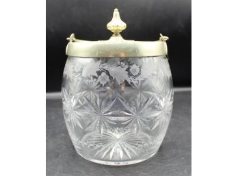 Antique Silver Plated & Engraved Glass Biscuit Barrel