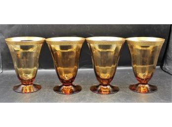 Rare Amber Drinking Glasses With Leaf Embossed Rims - Set Of 4