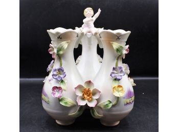 1950's Porcelain Pauls Gifts Unique 3 Vases In 1 W/ Cherub Hand Painted 7.5'