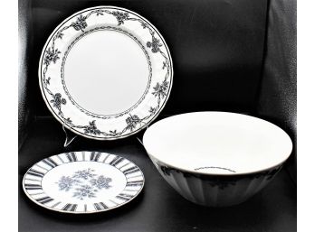 Waverly Garden Room Columbia Black & White (creme) Floral & Stripes Plates - 9 Pieces