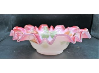Fenton Style Pink Strawberry Decorated Glass Ruffled Crimped Rim Bowl