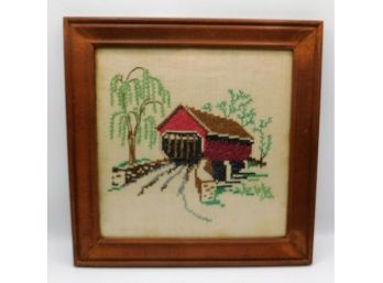 Vintage Vermont Cross Stitch Wooden Red Covered / Snow Covered Bridge By Grace Stuim