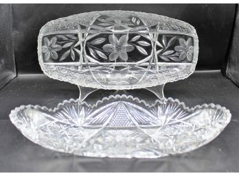 Beautiful Antique Crystal Celery / Cracker Dishes W/ Sawtooth Rims