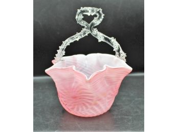 Rare Antique Art Glass Hand Blown Ruffled Pink Striped Basket / Bowl