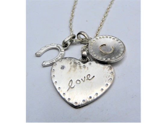 Sterling Silver 3-charm Necklace - Letter 'C', Horseshoe & Heart