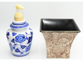 Blue Floral Ceramic Soap Dispenser & Brown Floral Vase