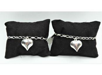 Set Of 2 Sterling Silver Puffed Heart Bracelets - NEW