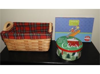 Holiday Basket With Fabric Plaid Insert, Cookie Tin And 'the Lighter Side' Greeting Card Set