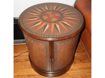 Art Deco Starburst Round Wood Side Table With Leather Top
