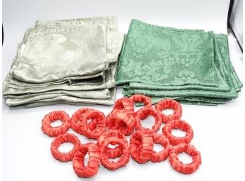 Sage Green & Holiday Green Cloth Napkins & Red Napkin Rings