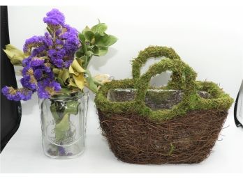Mason Jar With Purple Faux Flowers & Moss Covered Basket