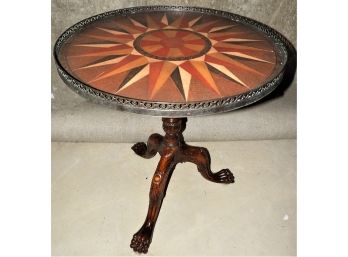 RARE Vintage Tri-pod Inlaid Mahogany Pie Crust Table With Raised Wood Gallery Leather Top Claw Foot