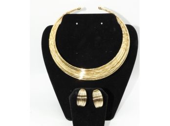 Gold Tone Costume Choker Necklace & Matching Hoop Earrings