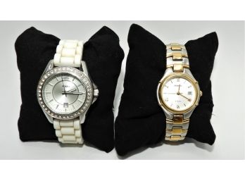 Two Ladies Fossil Watches - Two-toned Steel And White Plastic Band