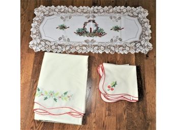 Holiday White Cloth Napkins, Table Cloth & Small Table Runner
