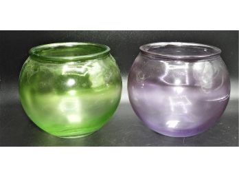 Round Green & Purple Glass Vases Set Of 2