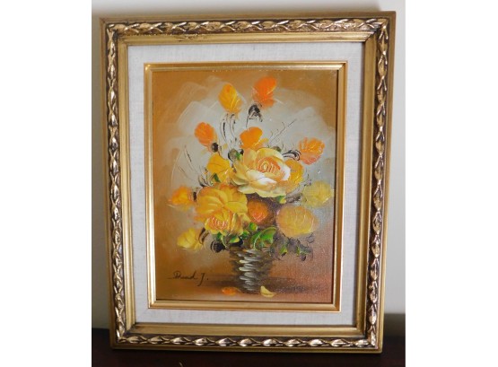Vibrant Oil Painting Of Yellow Roses In Vase Surrounded By A Decorative Gold Tone Custom Wood Frame Signed