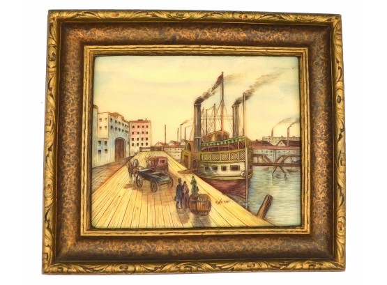 Vintage Artini Ship Dock With Steamboat - Engraved 4D Sculpted In Vintage Gold Gilt Custom Frame