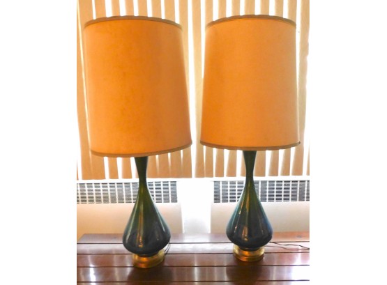 Mid Century Modern Blue And Green Drip Glaze Lamp - Pair Of 2