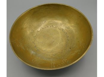 Antique Hand Made Brass Bowl With Oriental Sun Style Design