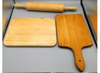 Lot Of Vintage Wooden Kitchen Utensils - Cutting Board, Cheese Board, And Rolling Pin