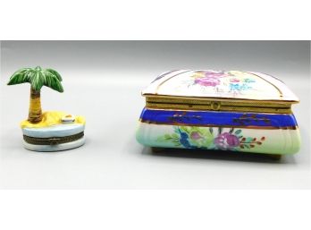 Lovely Limoges Floral Porcelain Trinket Box And Small Palm Tree Trinket Box