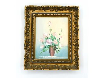 Lovely Canvas Oil Painting Of Flowers In Vase With Gold Tone Wood Frame - By Dynasty Arts