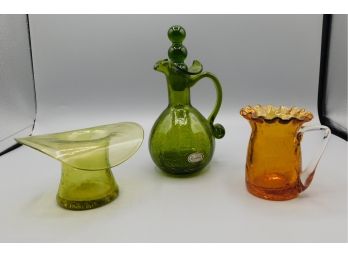 Vintage Cracked Glass Style Decanter, Cup And Candle Holder