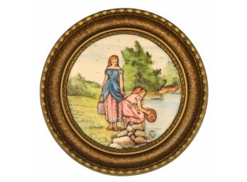 Vintage Artini Girls Collecting Water At River - Sculpted 4D Hanging Art In Gold Gilt Custom Frame
