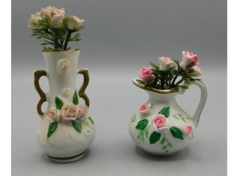 Pair Of Miniature Ceramic Vases With Faux Flowers