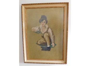 Knitted Artwork Of Young Boy Carrying Bunny In Decorative Frame