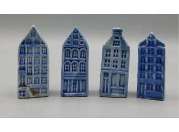 Antique Set Of 4 Cobalt Blue Mini Building Figurines